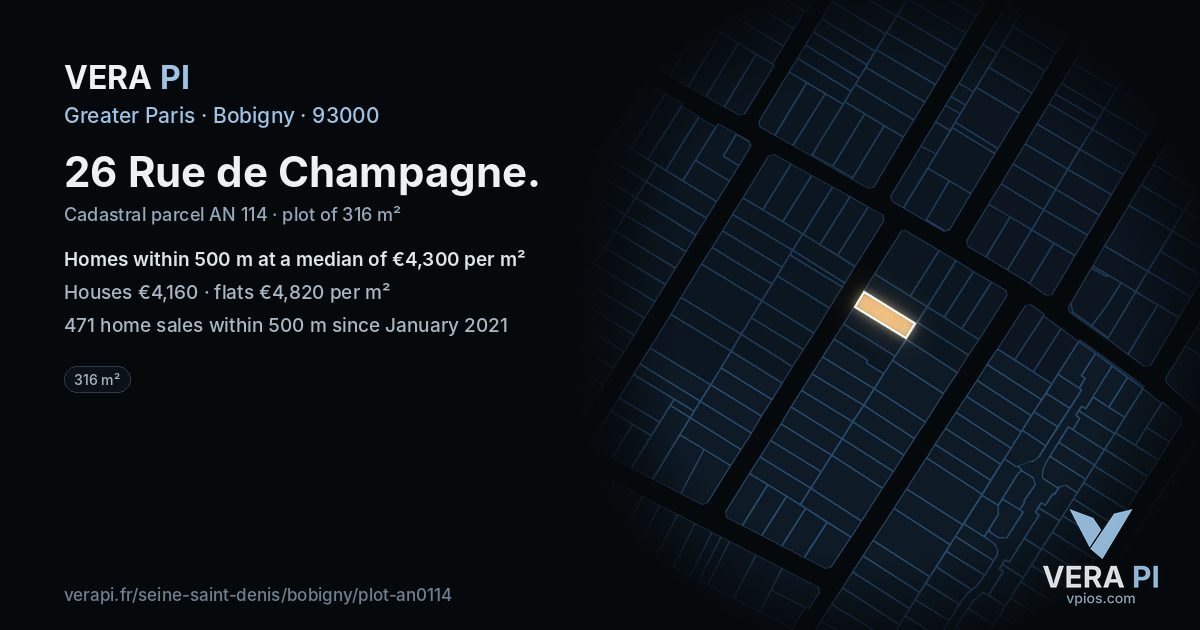 26 Rue de Champagne, Bobigny at night – the plot lit, the parcels around coloured by the prices near them