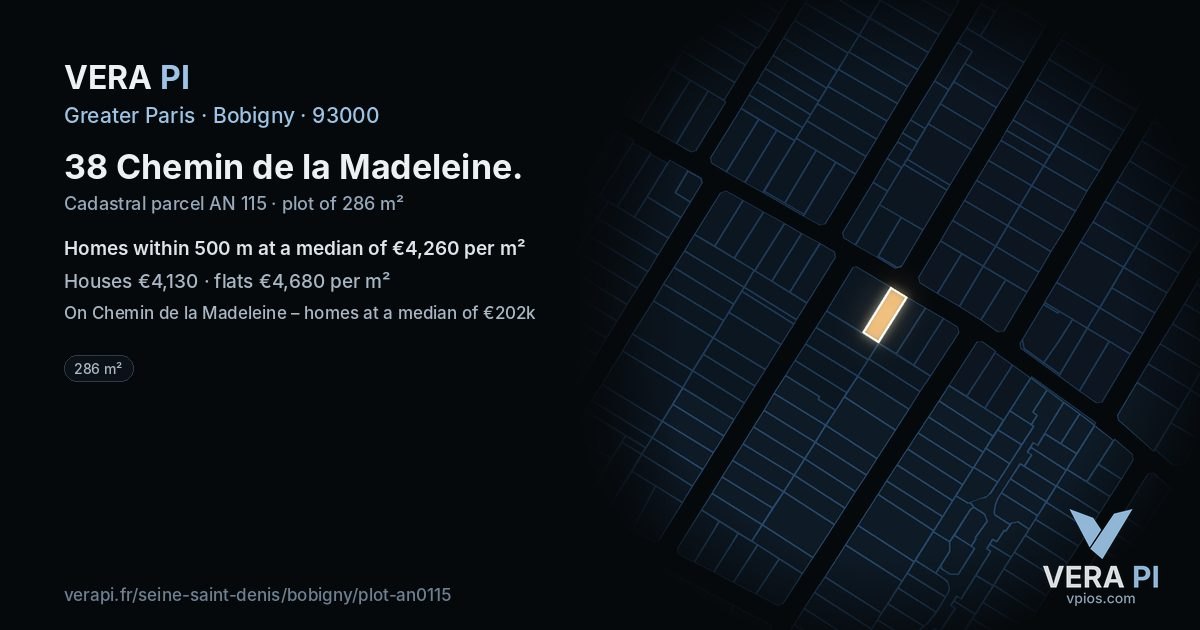 38 Chemin de la Madeleine, Bobigny at night – the plot lit, the parcels around coloured by the prices near them
