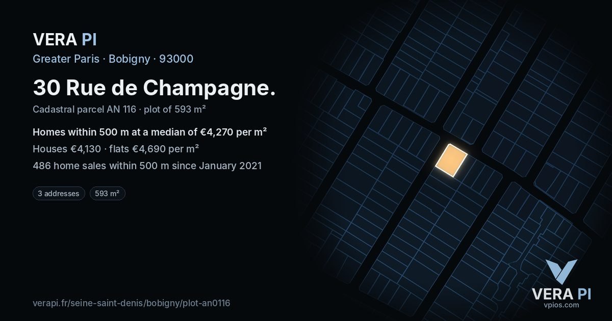 30 Rue de Champagne, Bobigny at night – the plot lit, the parcels around coloured by the prices near them