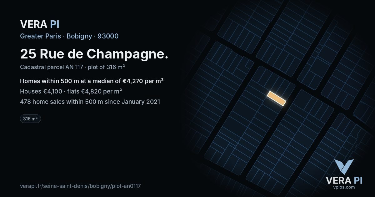 25 Rue de Champagne, Bobigny at night – the plot lit, the parcels around coloured by the prices near them