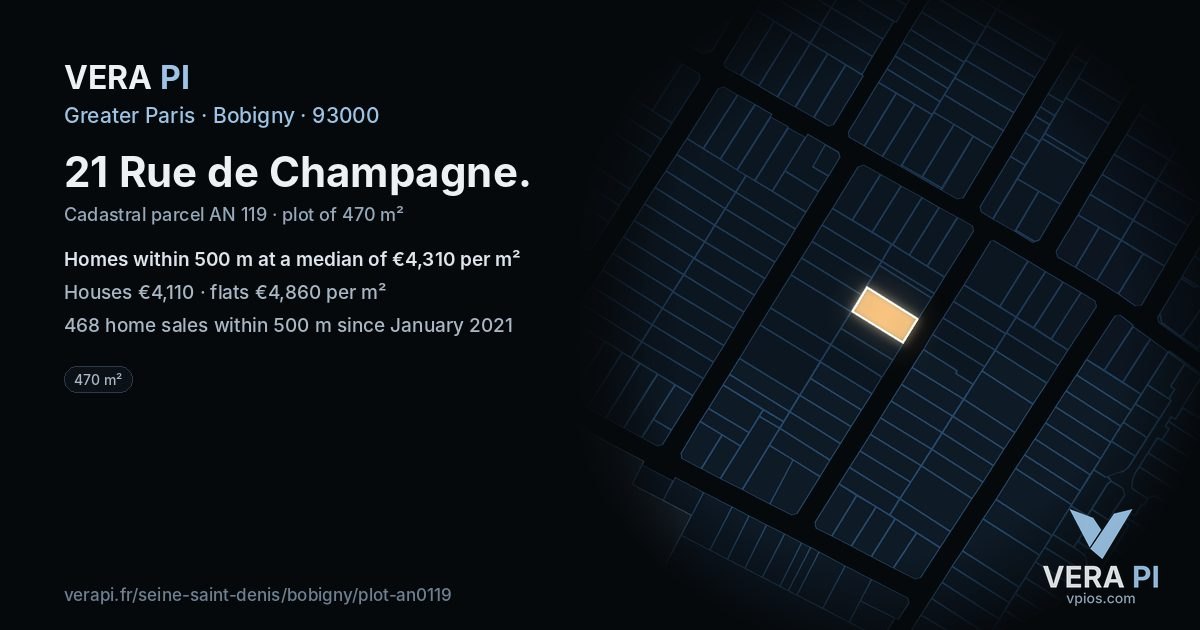 21 Rue de Champagne, Bobigny at night – the plot lit, the parcels around coloured by the prices near them