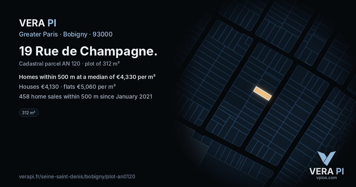19 Rue de Champagne, Bobigny at night – the plot lit, the parcels around coloured by the prices near them