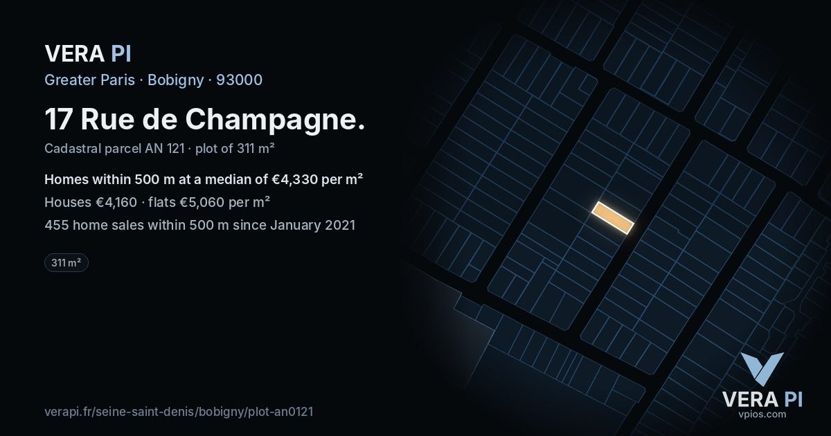 17 Rue de Champagne, Bobigny at night – the plot lit, the parcels around coloured by the prices near them
