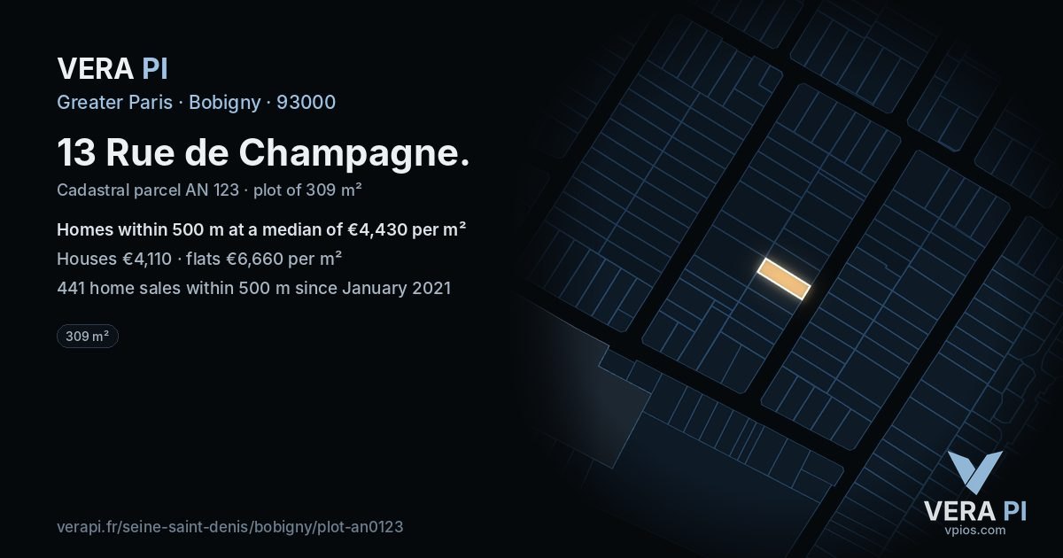 13 Rue de Champagne, Bobigny at night – the plot lit, the parcels around coloured by the prices near them