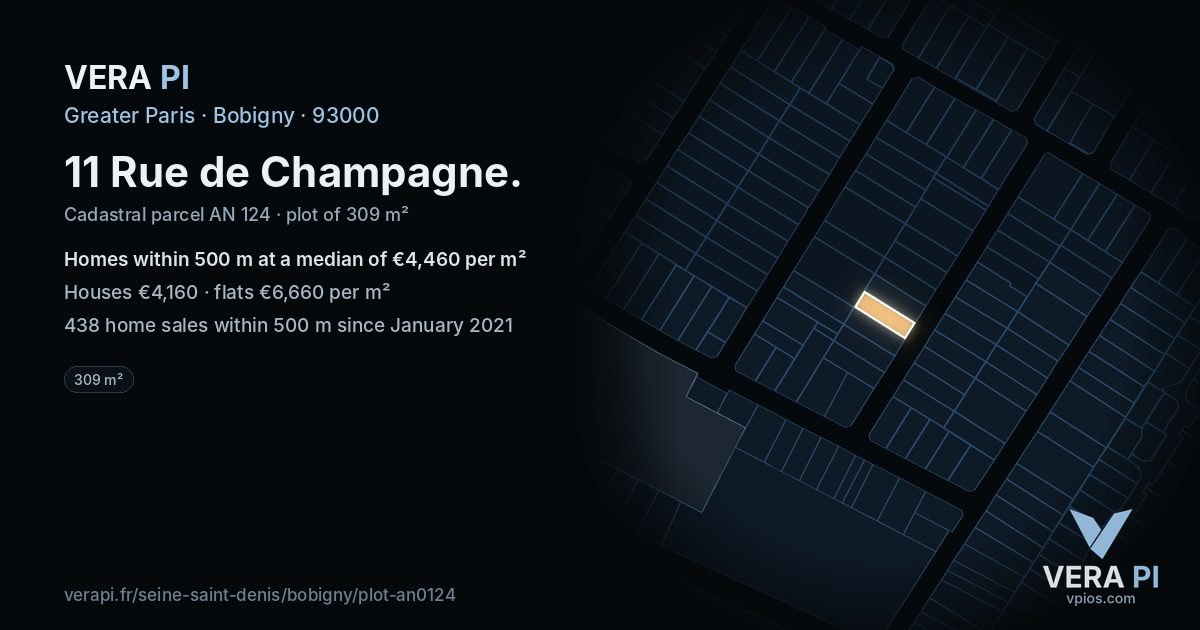 11 Rue de Champagne, Bobigny at night – the plot lit, the parcels around coloured by the prices near them