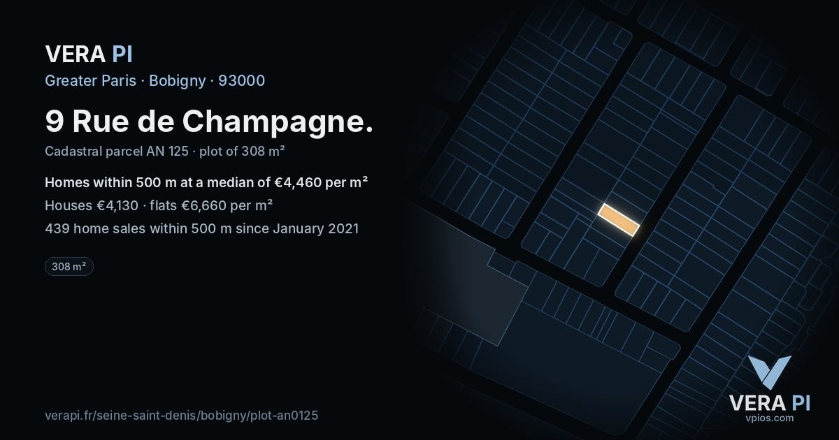 9 Rue de Champagne, Bobigny at night – the plot lit, the parcels around coloured by the prices near them