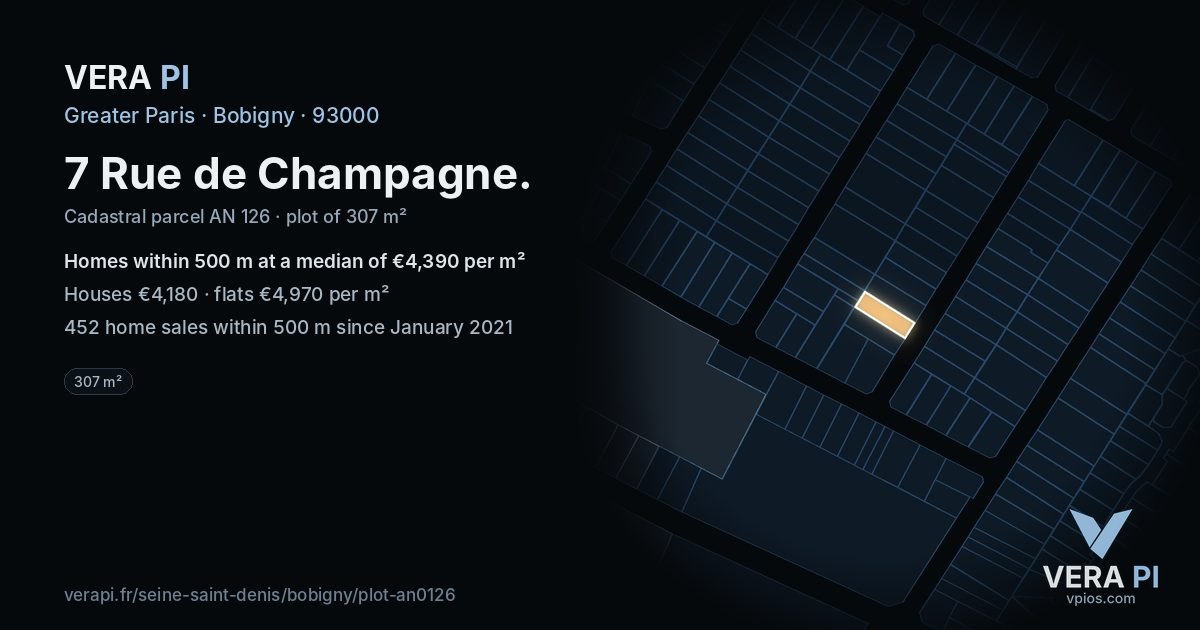 7 Rue de Champagne, Bobigny at night – the plot lit, the parcels around coloured by the prices near them
