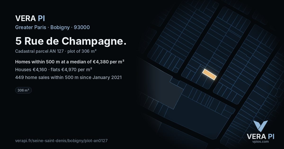 5 Rue de Champagne, Bobigny at night – the plot lit, the parcels around coloured by the prices near them