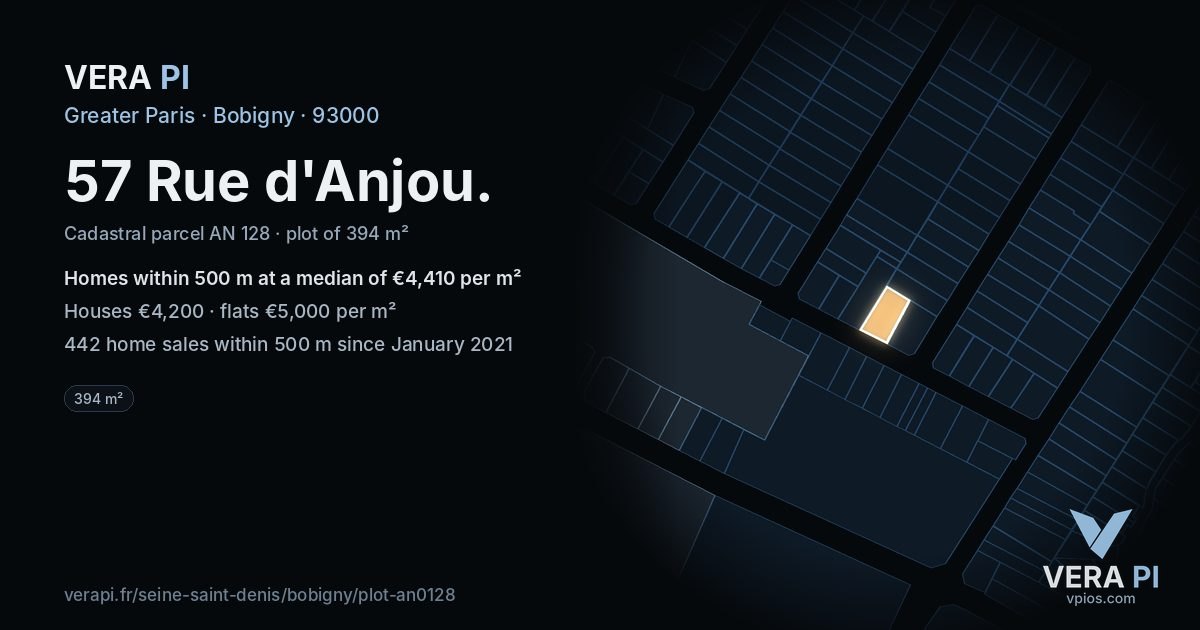 57 Rue d'Anjou, Bobigny at night – the plot lit, the parcels around coloured by the prices near them