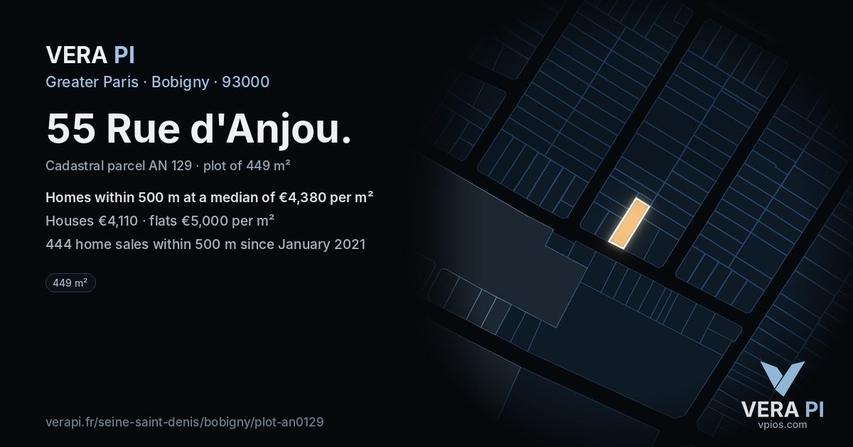 55 Rue d'Anjou, Bobigny at night – the plot lit, the parcels around coloured by the prices near them