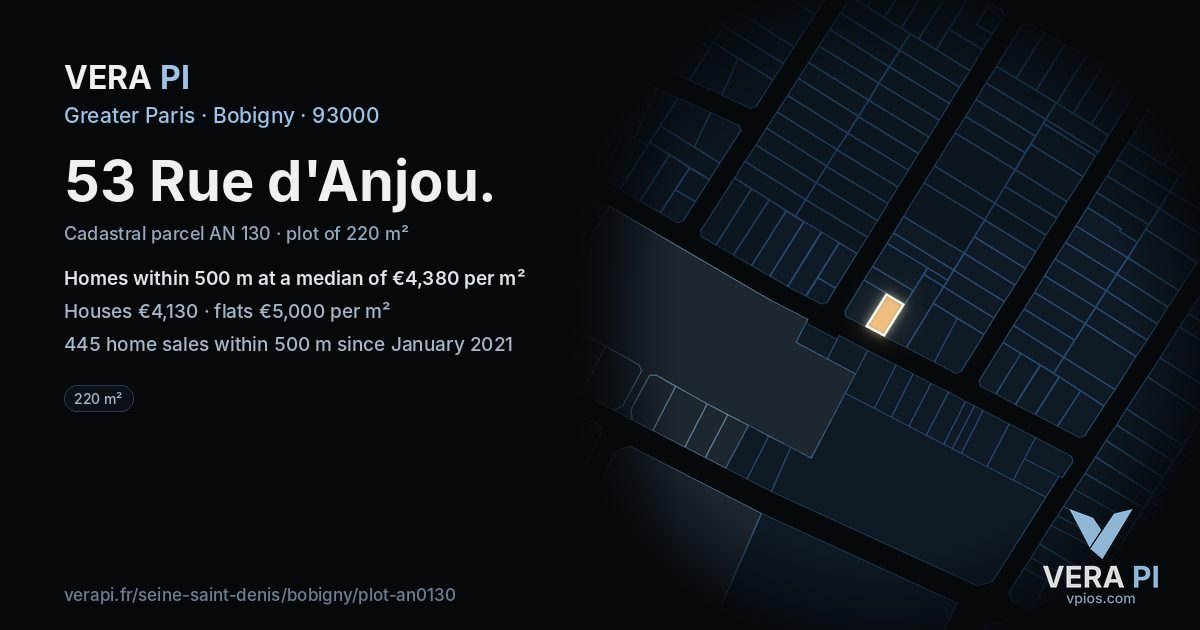 53 Rue d'Anjou, Bobigny at night – the plot lit, the parcels around coloured by the prices near them