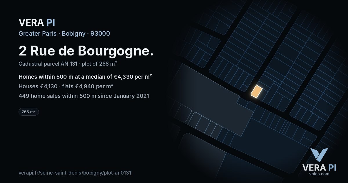 2 Rue de Bourgogne, Bobigny at night – the plot lit, the parcels around coloured by the prices near them