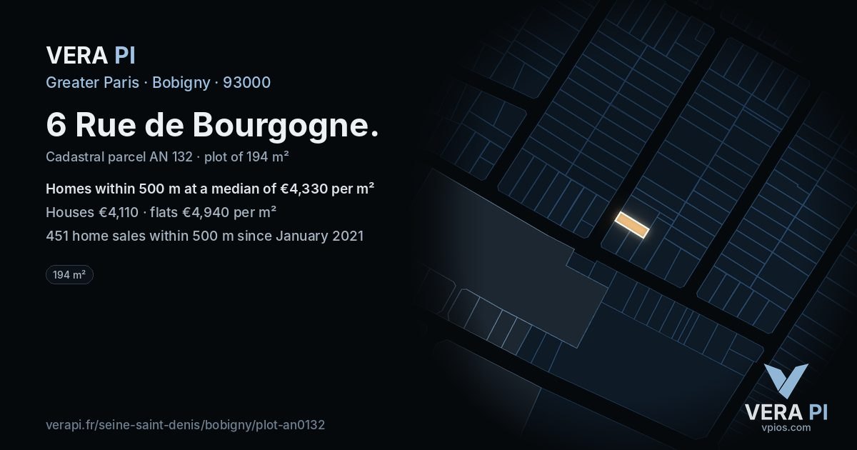 6 Rue de Bourgogne, Bobigny at night – the plot lit, the parcels around coloured by the prices near them