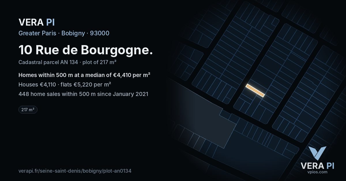 10 Rue de Bourgogne, Bobigny at night – the plot lit, the parcels around coloured by the prices near them