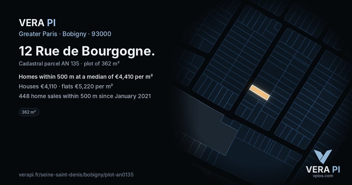12 Rue de Bourgogne, Bobigny at night – the plot lit, the parcels around coloured by the prices near them