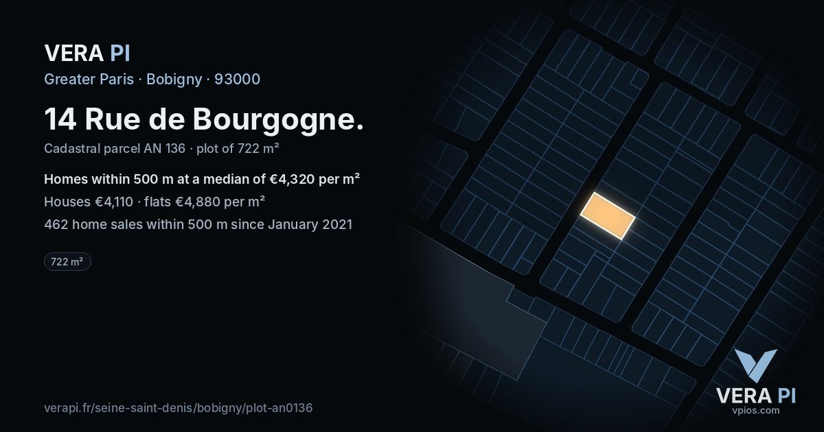 14 Rue de Bourgogne, Bobigny at night – the plot lit, the parcels around coloured by the prices near them