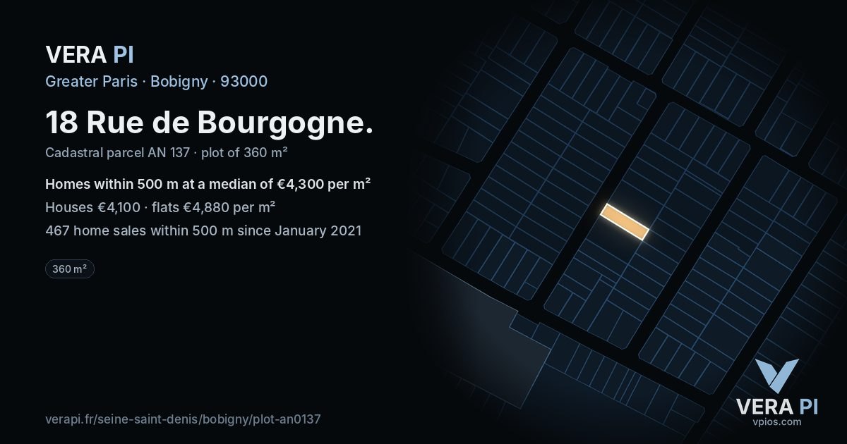 18 Rue de Bourgogne, Bobigny at night – the plot lit, the parcels around coloured by the prices near them