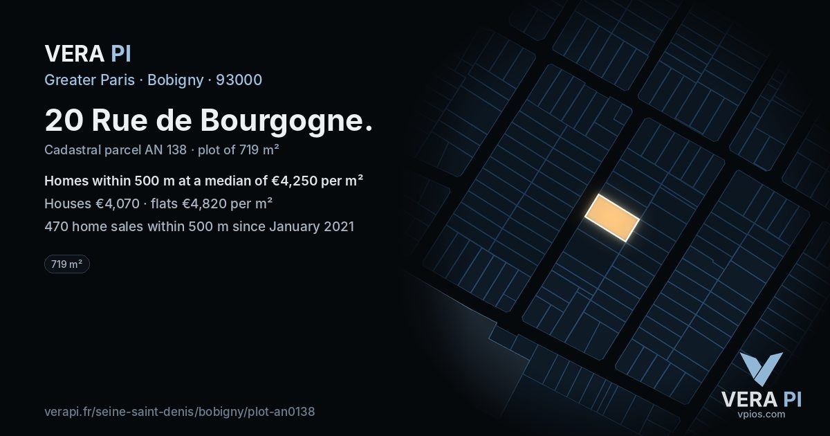 20 Rue de Bourgogne, Bobigny at night – the plot lit, the parcels around coloured by the prices near them