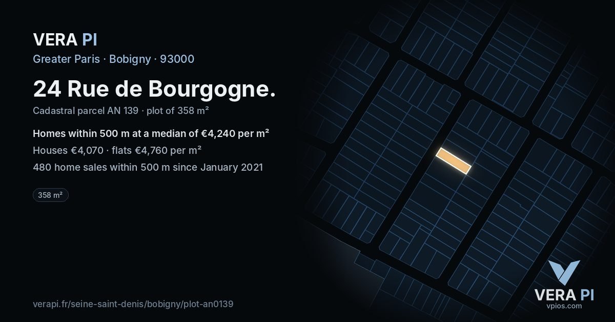 24 Rue de Bourgogne, Bobigny at night – the plot lit, the parcels around coloured by the prices near them