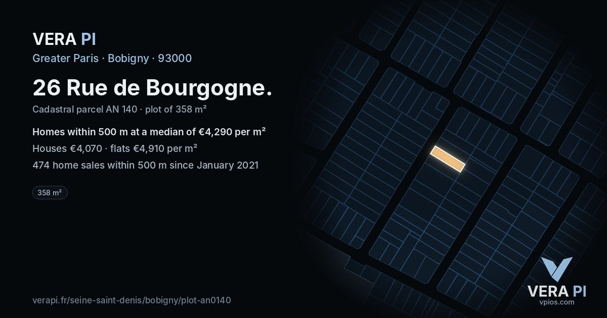 26 Rue de Bourgogne, Bobigny at night – the plot lit, the parcels around coloured by the prices near them