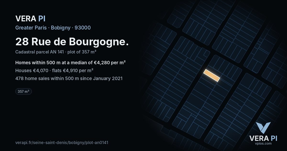 28 Rue de Bourgogne, Bobigny at night – the plot lit, the parcels around coloured by the prices near them