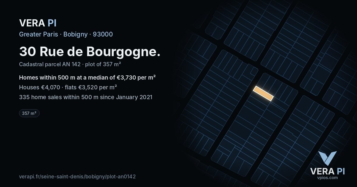 30 Rue de Bourgogne, Bobigny at night – the plot lit, the parcels around coloured by the prices near them