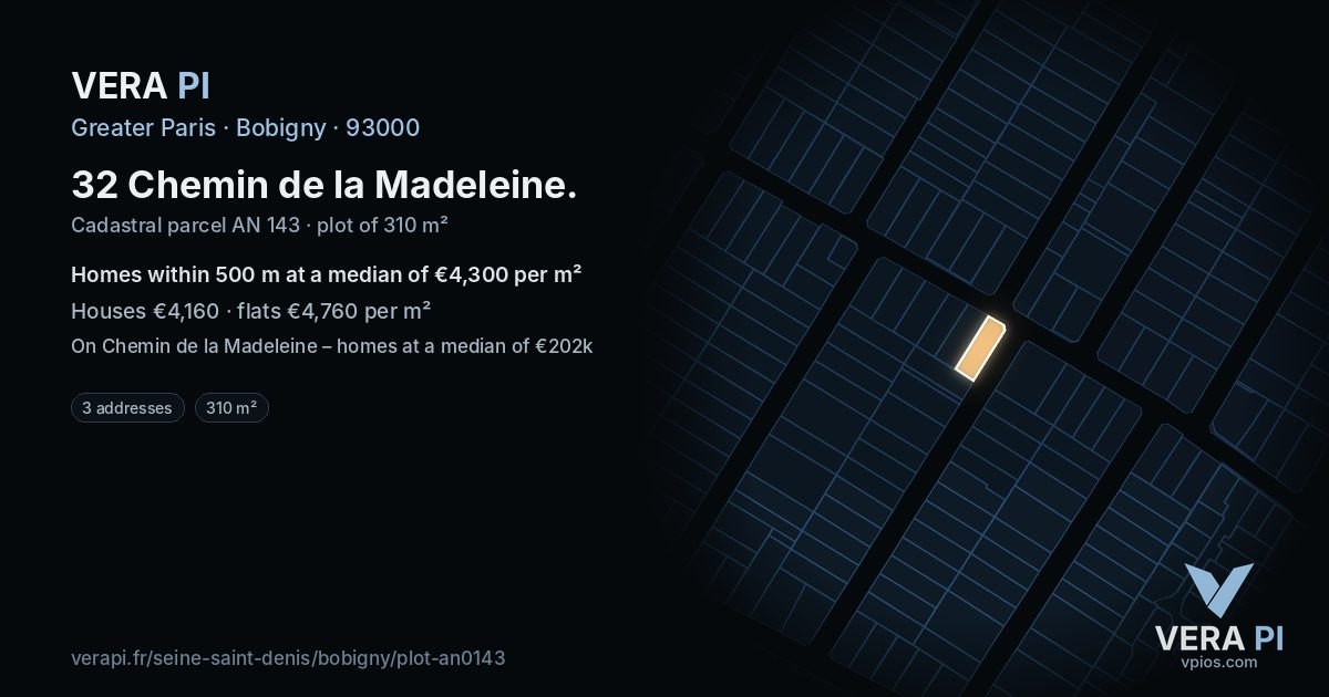 32 Chemin de la Madeleine, Bobigny at night – the plot lit, the parcels around coloured by the prices near them