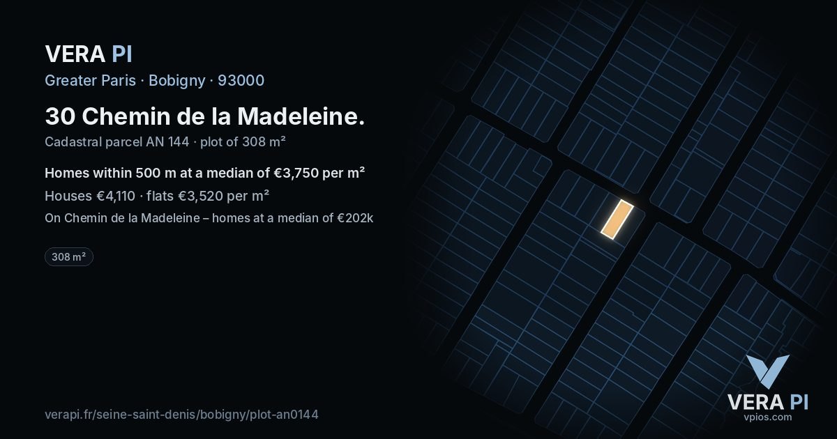 30 Chemin de la Madeleine, Bobigny at night – the plot lit, the parcels around coloured by the prices near them
