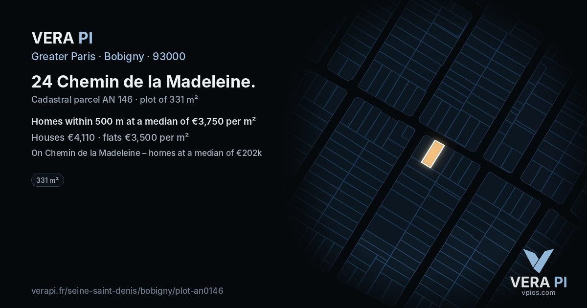 24 Chemin de la Madeleine, Bobigny at night – the plot lit, the parcels around coloured by the prices near them