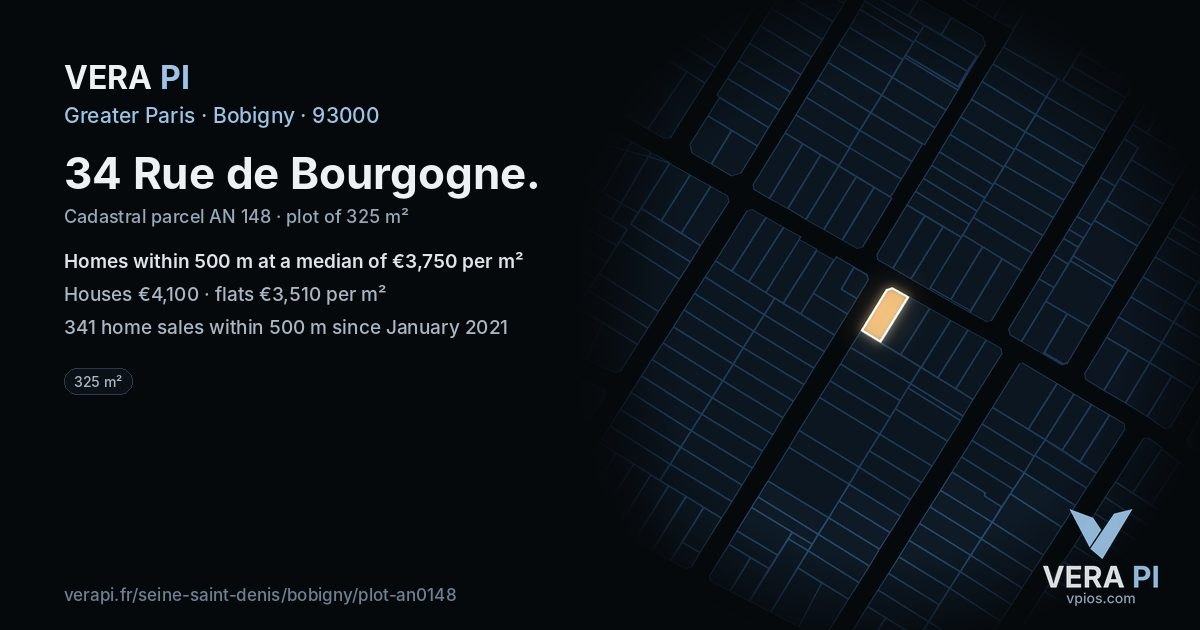 34 Rue de Bourgogne, Bobigny at night – the plot lit, the parcels around coloured by the prices near them