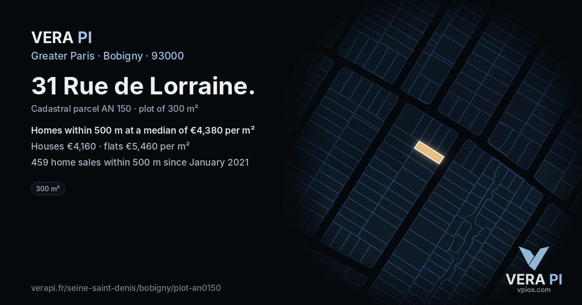 31 Rue de Lorraine, Bobigny at night – the plot lit, the parcels around coloured by the prices near them