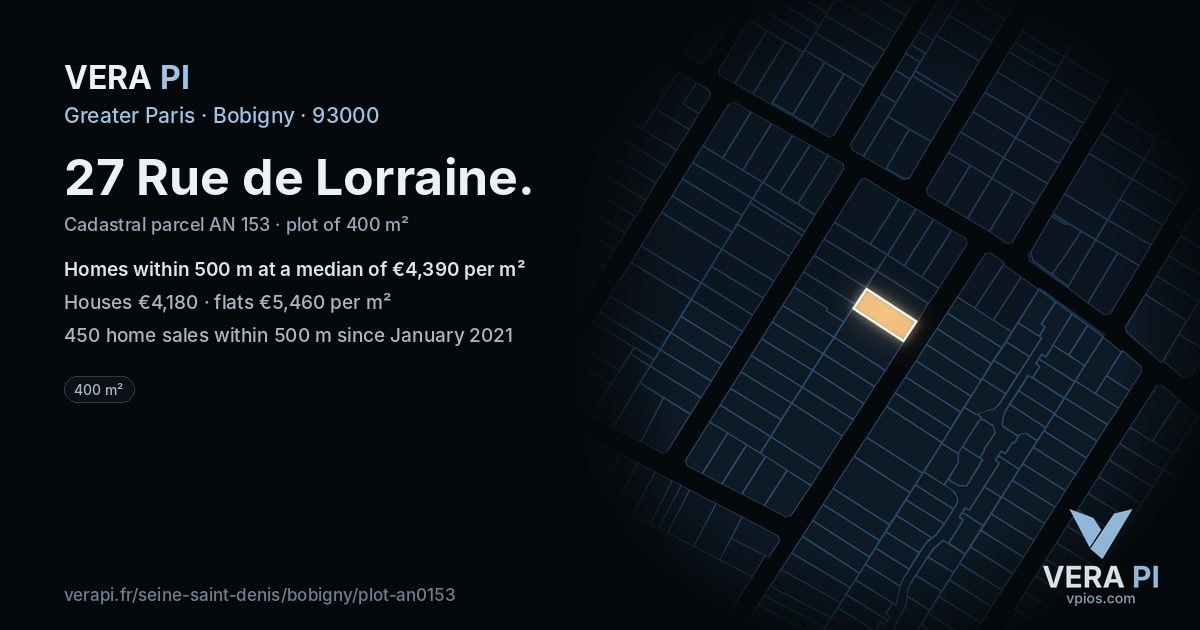 27 Rue de Lorraine, Bobigny at night – the plot lit, the parcels around coloured by the prices near them