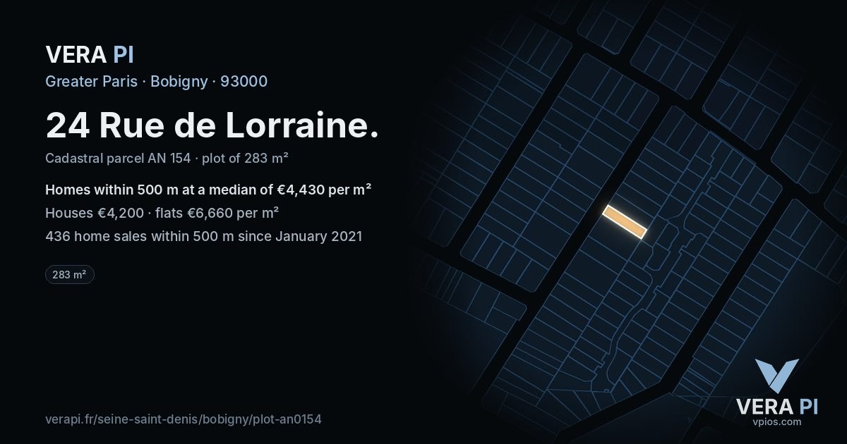 24 Rue de Lorraine, Bobigny at night – the plot lit, the parcels around coloured by the prices near them