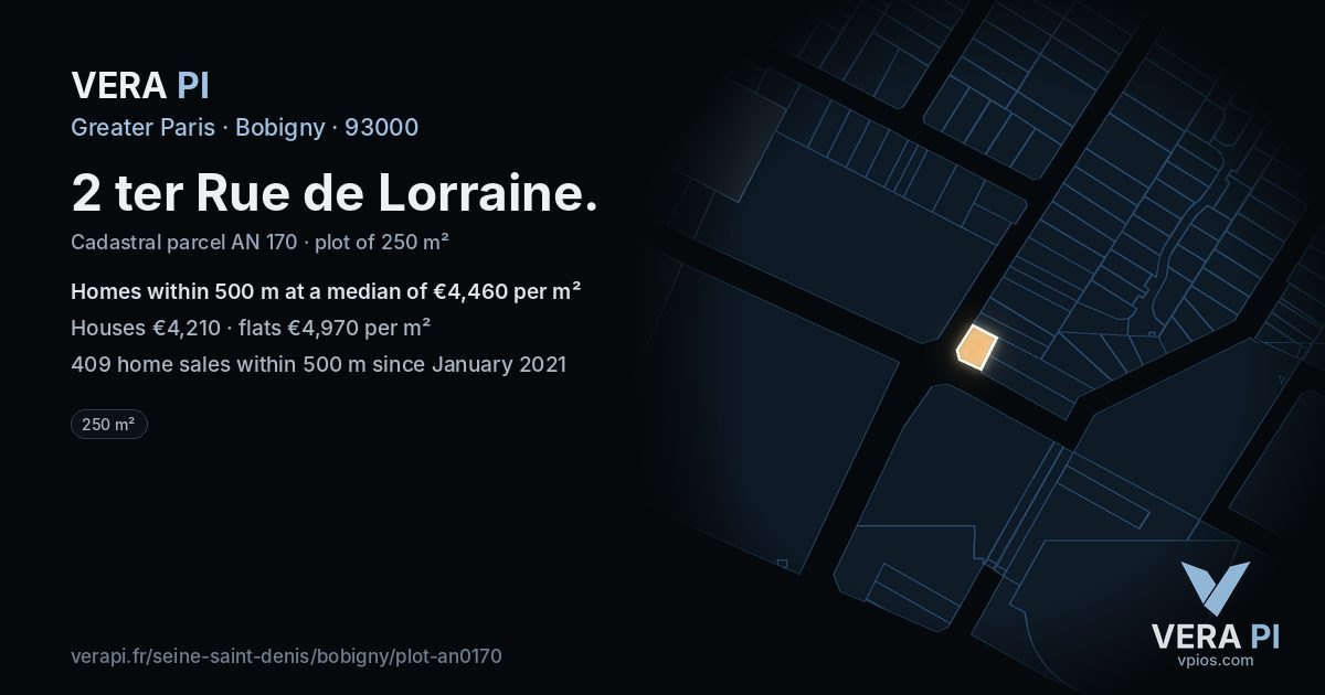 2 ter Rue de Lorraine, Bobigny at night – the plot lit, the parcels around coloured by the prices near them