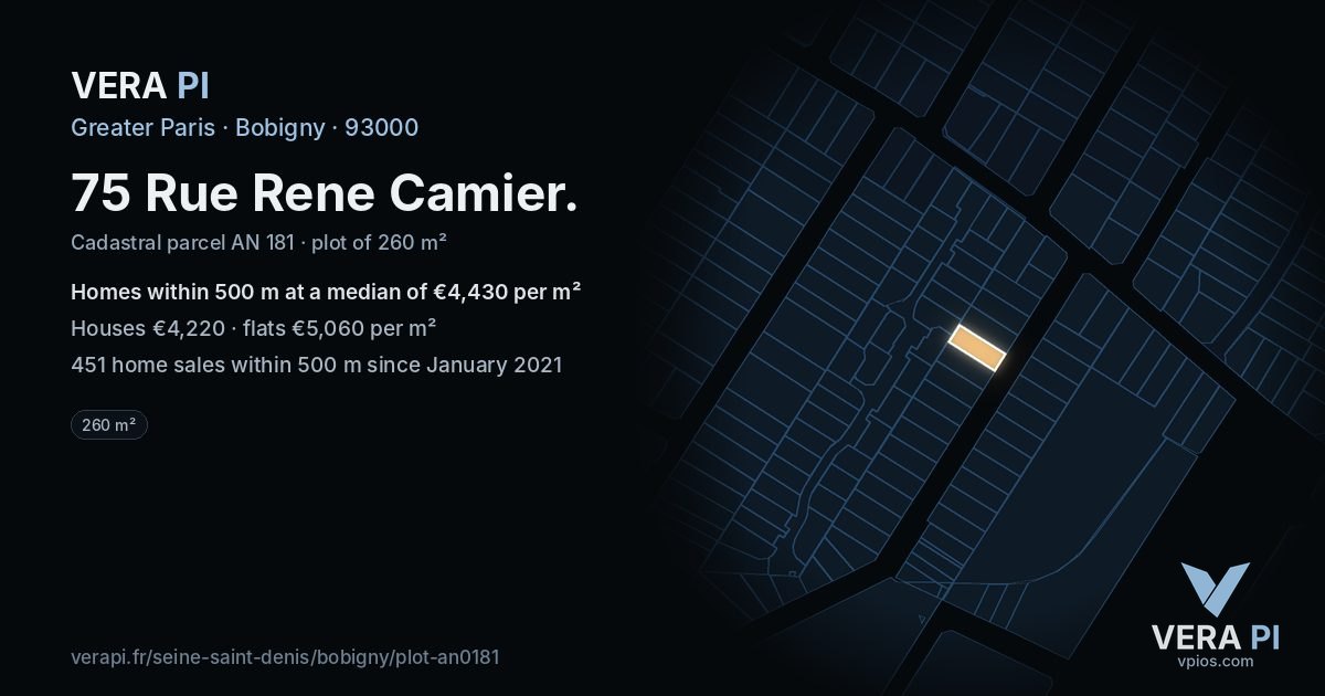75 Rue Rene Camier, Bobigny at night – the plot lit, the parcels around coloured by the prices near them