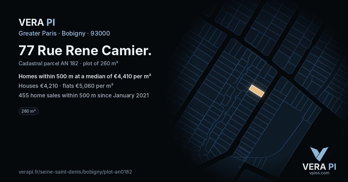 77 Rue Rene Camier, Bobigny at night – the plot lit, the parcels around coloured by the prices near them