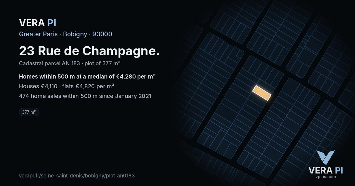 23 Rue de Champagne, Bobigny at night – the plot lit, the parcels around coloured by the prices near them