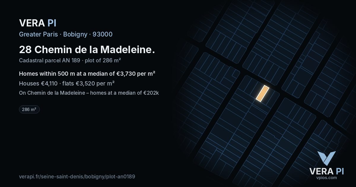 28 Chemin de la Madeleine, Bobigny at night – the plot lit, the parcels around coloured by the prices near them