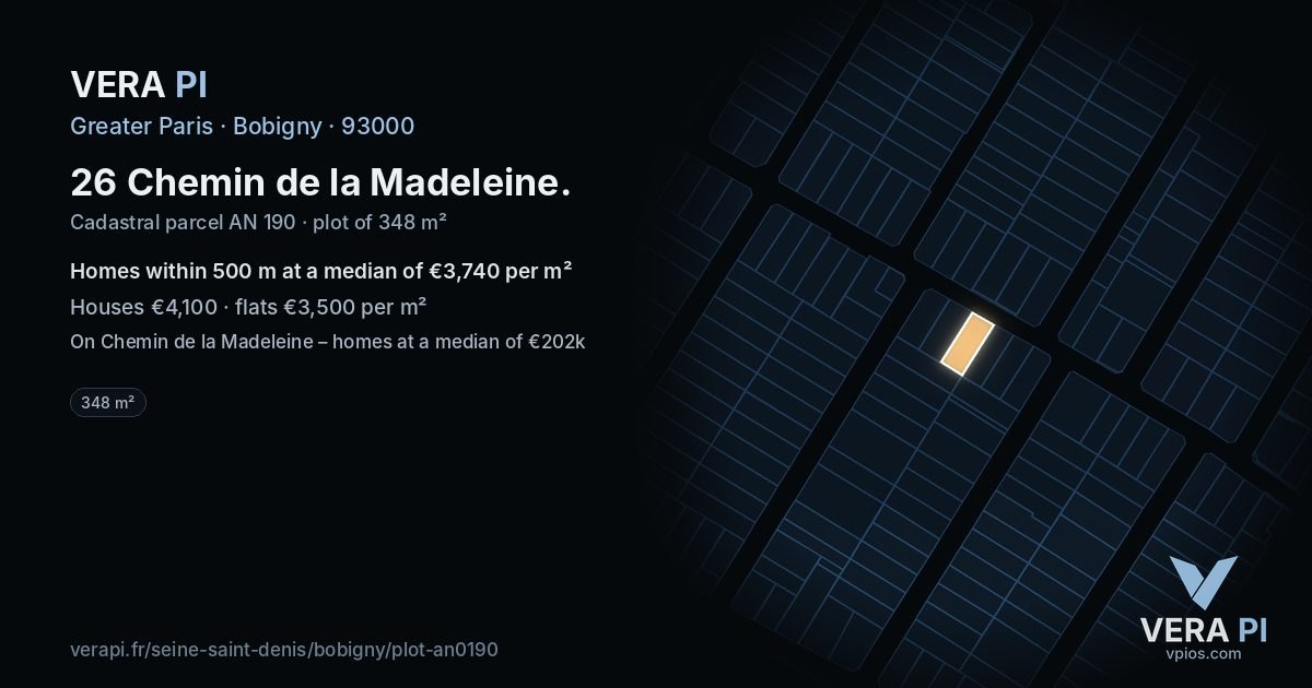 26 Chemin de la Madeleine, Bobigny at night – the plot lit, the parcels around coloured by the prices near them