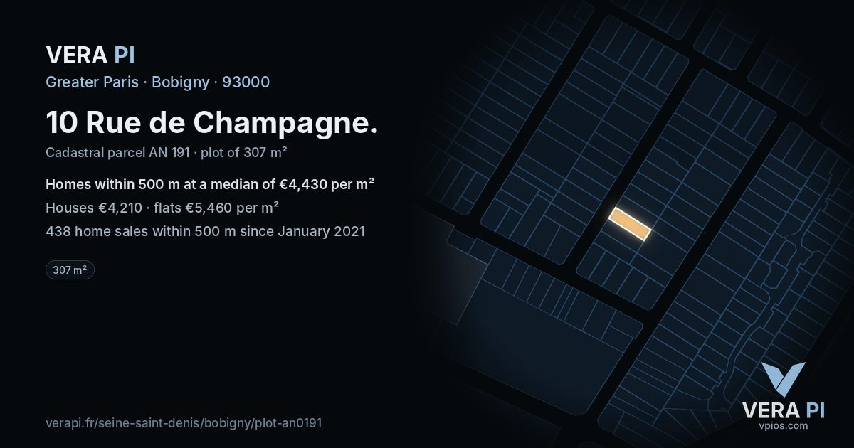 10 Rue de Champagne, Bobigny at night – the plot lit, the parcels around coloured by the prices near them