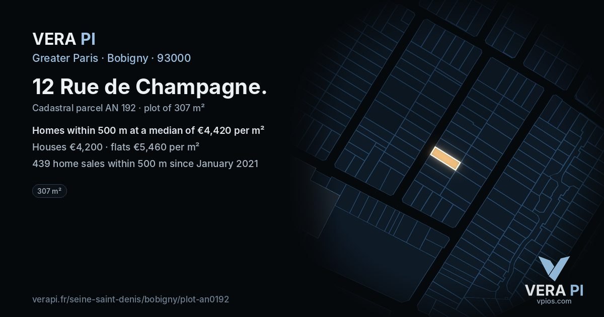 12 Rue de Champagne, Bobigny at night – the plot lit, the parcels around coloured by the prices near them