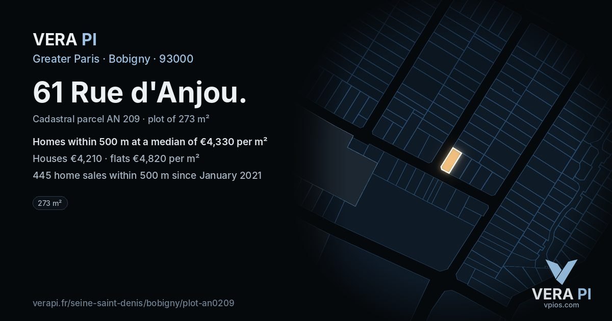 61 Rue d'Anjou, Bobigny at night – the plot lit, the parcels around coloured by the prices near them