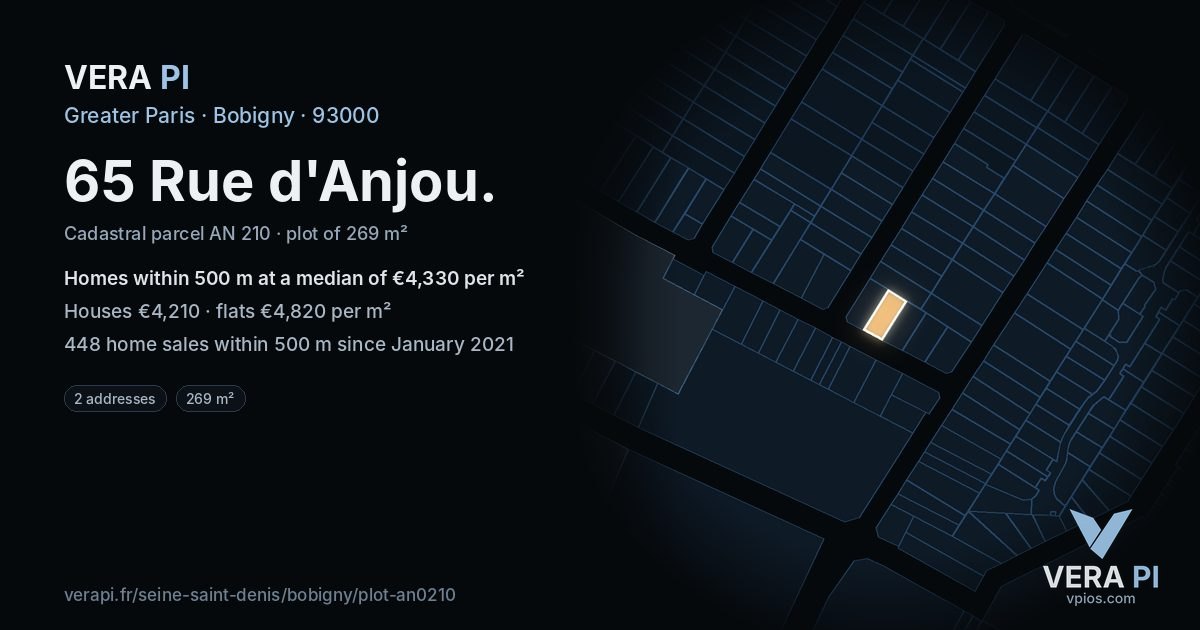 65 Rue d'Anjou, Bobigny at night – the plot lit, the parcels around coloured by the prices near them