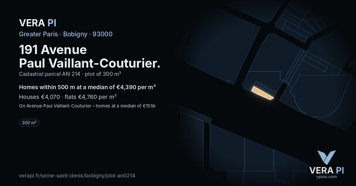 191 Avenue Paul Vaillant-Couturier, Bobigny at night – the plot lit, the parcels around coloured by the prices near them