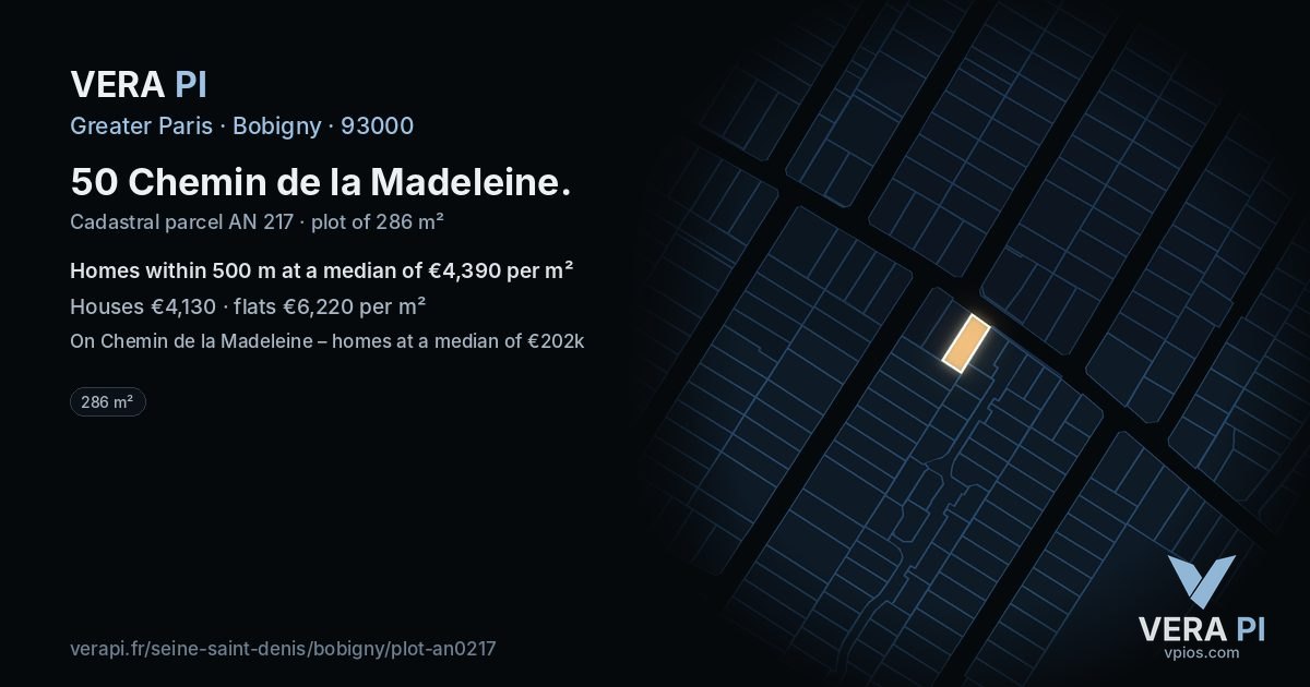 50 Chemin de la Madeleine, Bobigny at night – the plot lit, the parcels around coloured by the prices near them