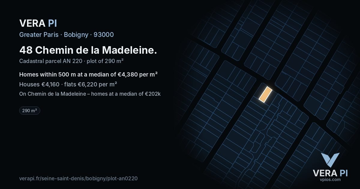 48 Chemin de la Madeleine, Bobigny at night – the plot lit, the parcels around coloured by the prices near them