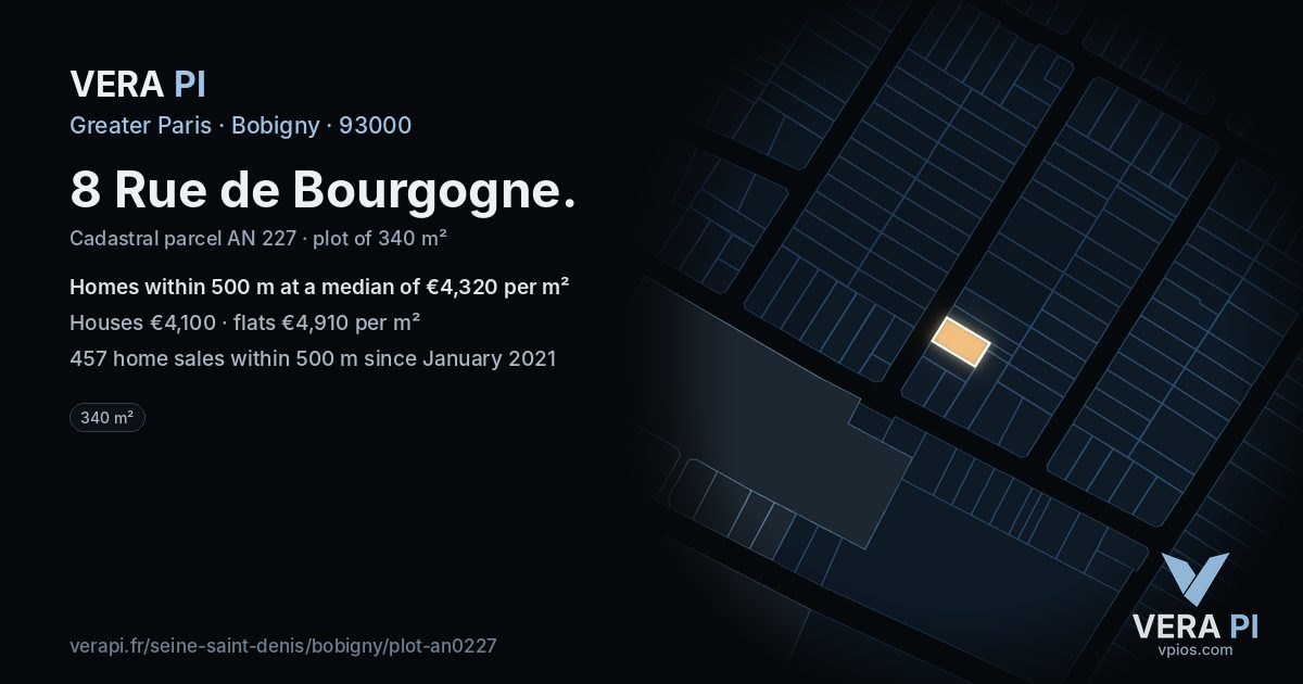 8 Rue de Bourgogne, Bobigny at night – the plot lit, the parcels around coloured by the prices near them