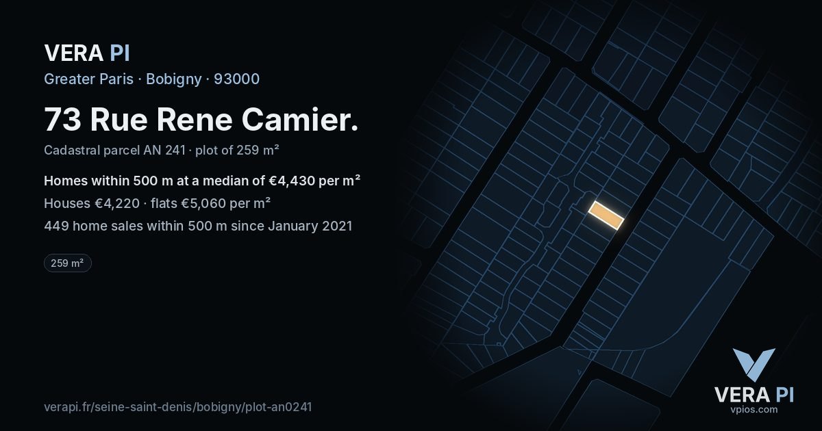 73 Rue Rene Camier, Bobigny at night – the plot lit, the parcels around coloured by the prices near them