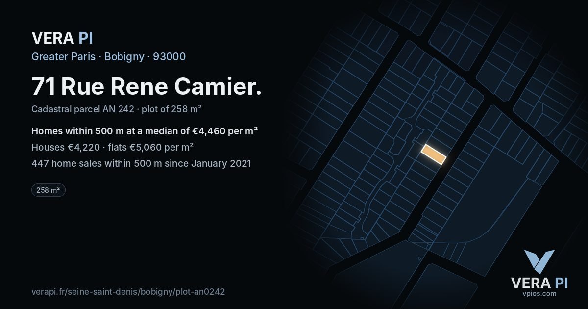 71 Rue Rene Camier, Bobigny at night – the plot lit, the parcels around coloured by the prices near them