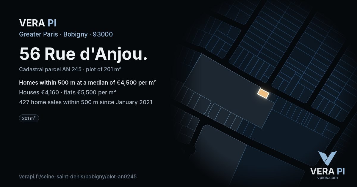 56 Rue d'Anjou, Bobigny at night – the plot lit, the parcels around coloured by the prices near them